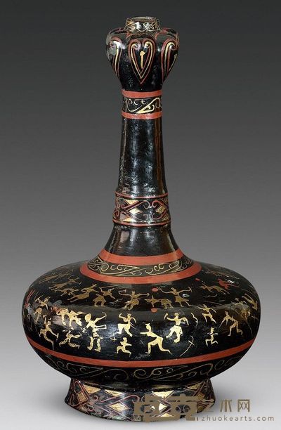 汉代 铜胎漆器战争纹蒜头瓶 高24cm；口2cm；底9cm