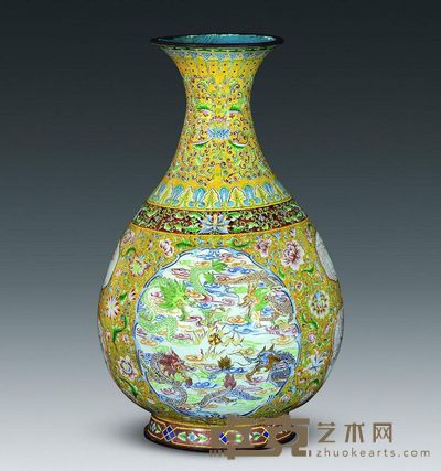 清代 铜胎画珐琅开光火珠云龙纹玉壶春瓶 高35.5cm；口12cm；底13.7cm