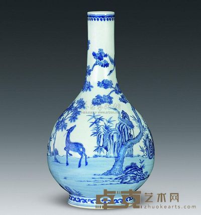 清代 青花鹤鹿纹胆瓶 高30cm；口4cm；底11cm