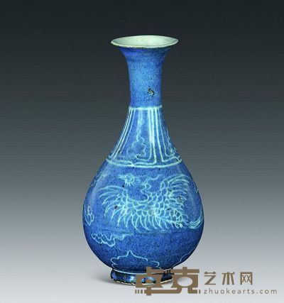 明早期 蓝釉留白凤纹玉壶春瓶 高20.8cm；口5.8cm；底5.5cm