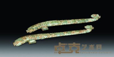 汉代 青玉龙首带钩 （一对） 通长22.5cm；重165g