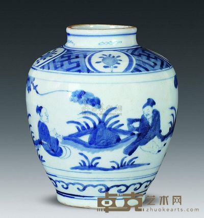 明代 青花高仕图小罐 高18.5cm；口7.5cm；底9.2cm