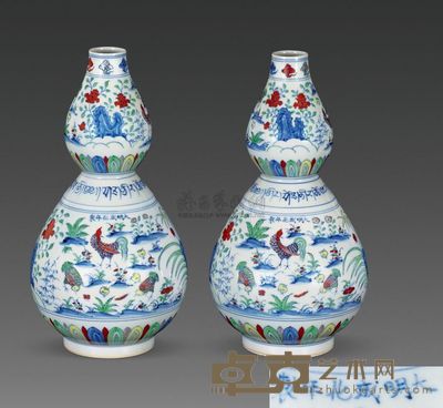 明成化 斗彩梵文葫芦瓶 （一对） 高25cm；口3cm；底7.7cm