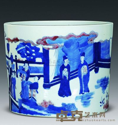 清代 青花釉里红人物故事图大笔筒 高17.5cm；口21.5cm