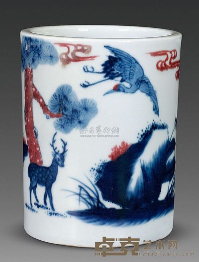 清代 青花釉里红鹿鹤同春笔筒 高13.2cm；口10.5cm