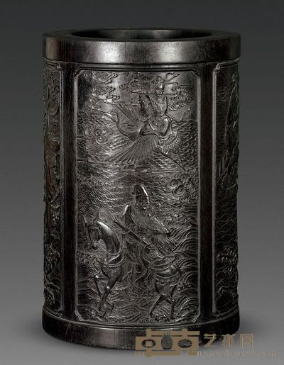 清代 紫檀雕开光八仙过海大笔筒 高39.6cm