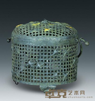 唐代 焊金鸿雁纹提梁镂空银笼 高25.5cm；口24cm；重1195g