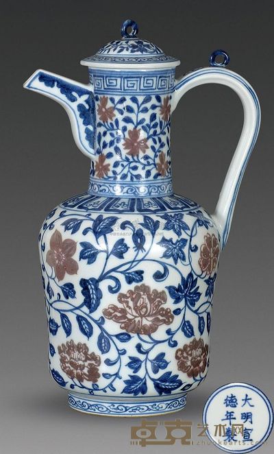 明宣德 青花釉里红花浇 高27.5cm；口6cm；底8.2cm