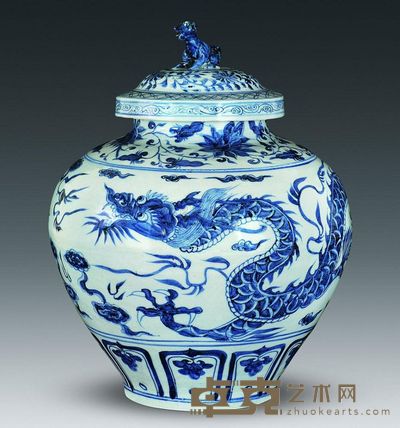 元代 青花云龙纹兽钮盖罐 高37.5cm；口13.5cm；底15.4cm