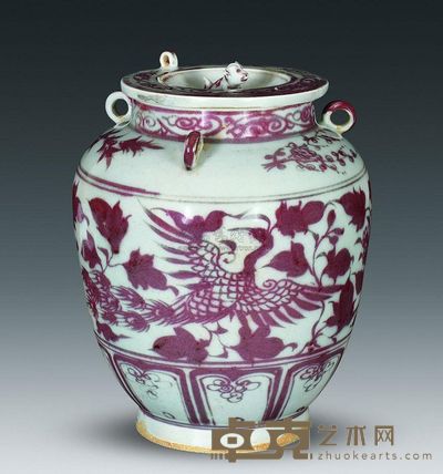 元代 釉里红凤穿牡丹三系盖罐 高18.5cm；口8.9cm；底8.5cm