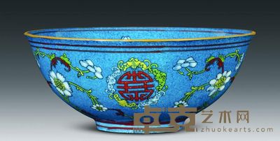 民国 蓝地粉彩五蝠捧寿碗 高6.9cm；口16cm；底6cm
