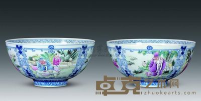 清代 青花开光粉彩人物图碗 （一对） 高9.7cm；口18.3cm；底6.8cm