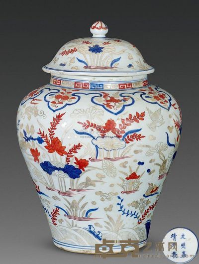 明嘉靖 青花矾红描银莲池鸳鸯盖罐 高45cm；口19.5cm；底18.5cm