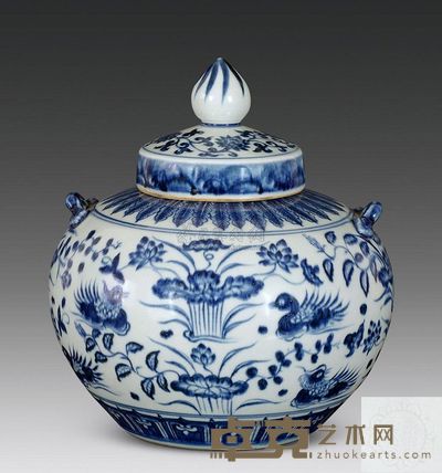 明永乐 青花莲池鸳鸯纹双系盖罐 高22cm；口8cm；底11.5cm