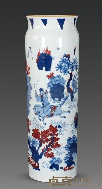 明末清初 青花釉里红人物故事筒瓶 高44cm；口13.9cm；底13.3cm