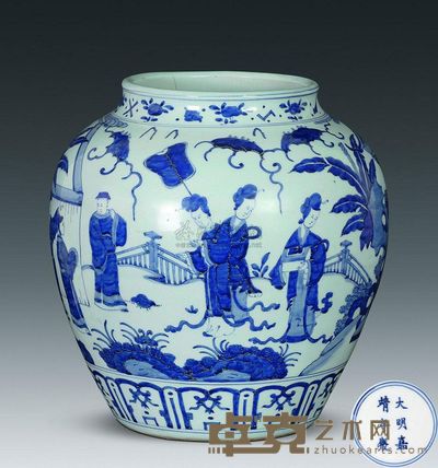 明嘉靖 青花人物故事罐 高31cm；口17.5cm；底17cm