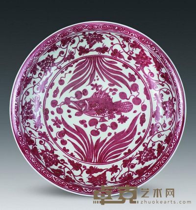 元代 釉里红鱼藻纹盘 高5.5cm；口42.7cm；底30cm