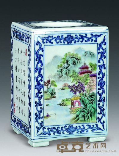 清代 青花开光粉彩山水笔筒 高14.5cm；口5.8cm