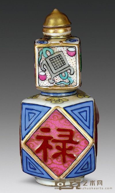 清代 八不正式珐琅彩福禄寿喜鼻烟壶 高8.5cm；口1.5cm；底2.5cm