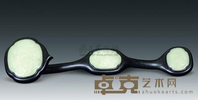 清代 乌木三镶青白玉龙穿花如意 长51cm