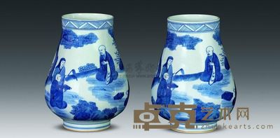 清代 青花僧人图直口尊 （一对） 高19cm；口8.7cm；底8cm