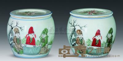 清代 五彩文人蟋蟀罐 （一对） 高8.3cm；口7.5cm；底6.5cm