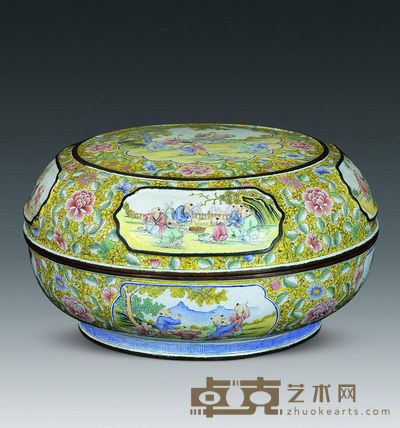 清代 铜胎画珐琅开光婴戏图盖盒 高14cm；口23.7cm；底17.8cm