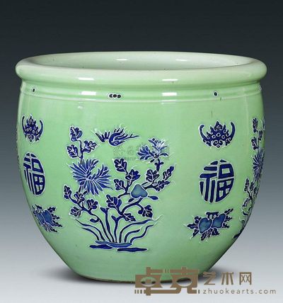 清代 豆青地青花福寿花卉缸 高35cm；口41cm；底21cm