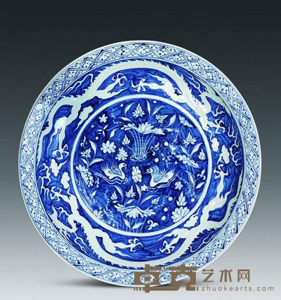 元代 青花蓝釉留白莲池鸳鸯折沿盘 高7.5cm；口52cm；底29.3cm