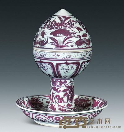 元代 釉里红莲池鸳鸯豆 高21.5cm；口11cm；底10.8cm