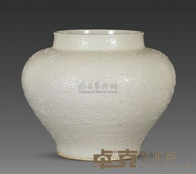 元代 白釉堆仙鹤纹罐 高30cm；口21.5cm；底19.8cm