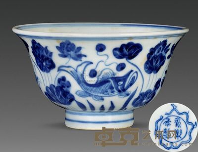 明永乐 青花鱼藻纹压手杯 高7.2cm；口12.2cm；底5cm