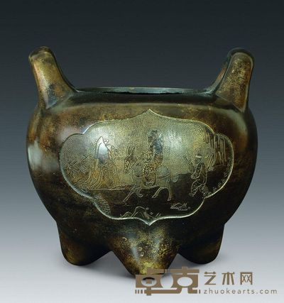 清代 开光人物故事图双耳铜炉 高20cm；口11.8cm