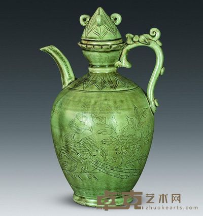 北宋 越窑秘色瓷刻画凤戏牡丹蛟龙柄带盖执壶 高25cm；口5.3cm；底7.8cm