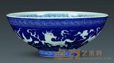 明宣德 蓝釉留白海兽纹碗 高8.5cm；口20.9cm；底7.8cm