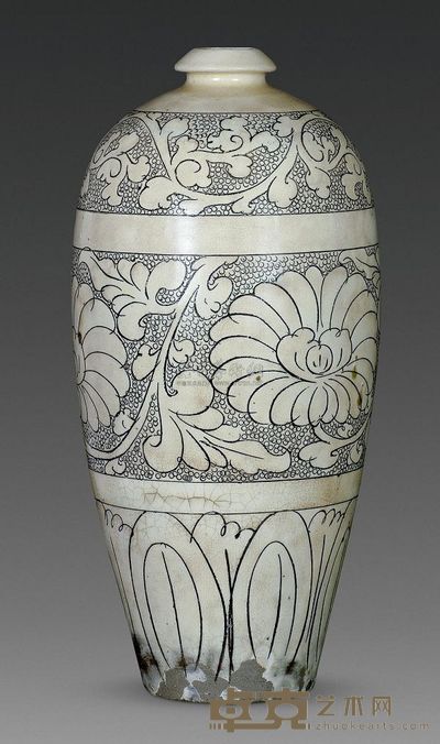 宋代 磁州窑珍珠地划花梅瓶 口3.2cm；底9cm；高33cm
