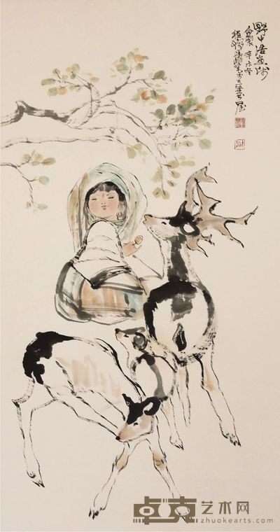 程十发少女与羊立轴 136×69