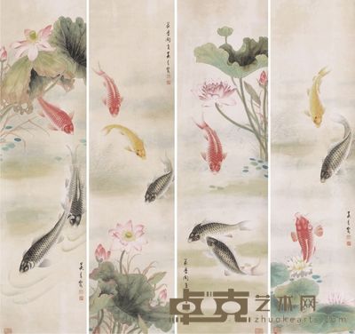 吴青霞荷鱼图四屏 131×33×4
