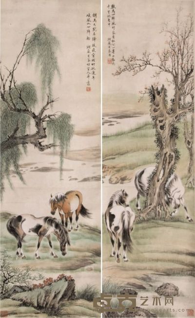 戈湘岚双骏图四屏 102×31×4