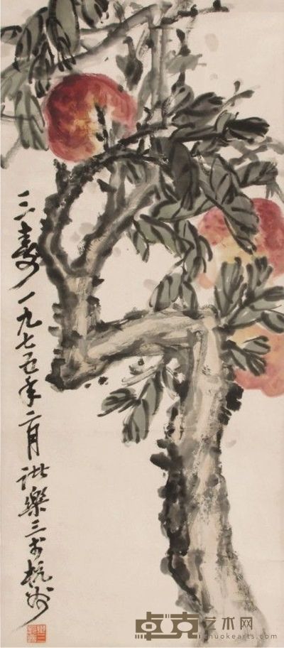 诸乐三寿桃立轴 81×35