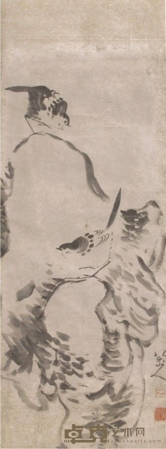 八大山人鸟石图镜片 129×46