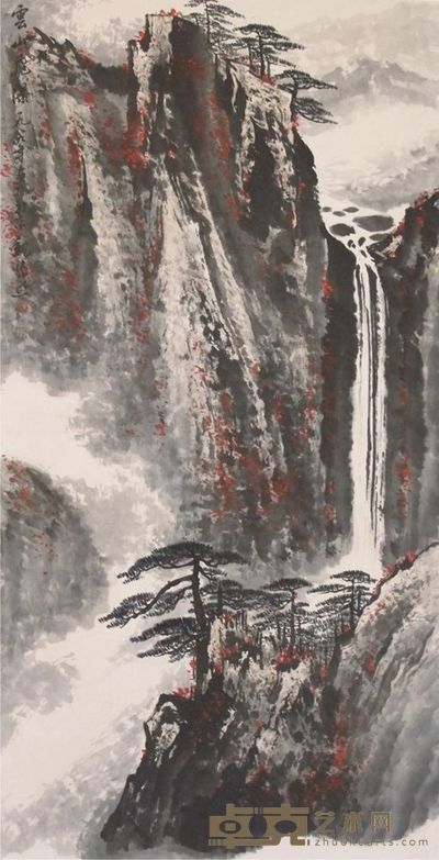 魏紫熙云山飞瀑立轴 137×69
