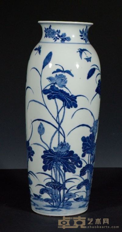 清中期 青花荷池鸳鸯纹筒瓶 高44.5cm