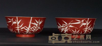 清道光 珊瑚红釉留白竹纹碗 （一对） 直径18cm