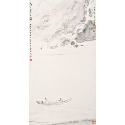 傅抱石 1946年作 轻舟夜游 立轴