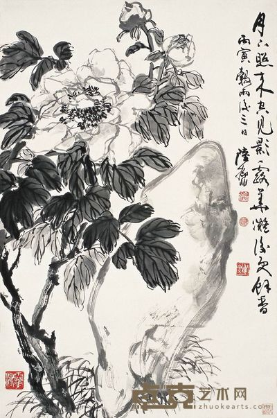 陆抑非 1986年作 牡丹 立轴 68×45cm