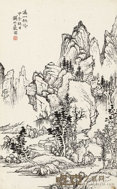 钱松嵒 1924年作 溪山秋冷 镜框 37.5×23cm