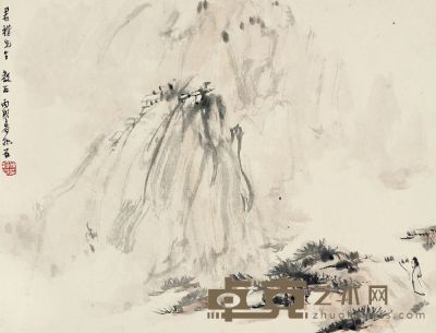 傅抱石 1946年作 溪山策杖 镜片 28×36.5cm