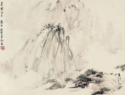 傅抱石 1946年作 溪山策杖 镜片