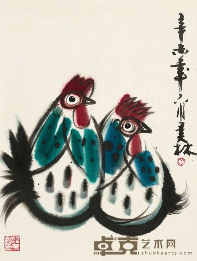 韩美林 1991年作 双吉图 镜片 50.5×37.5cm